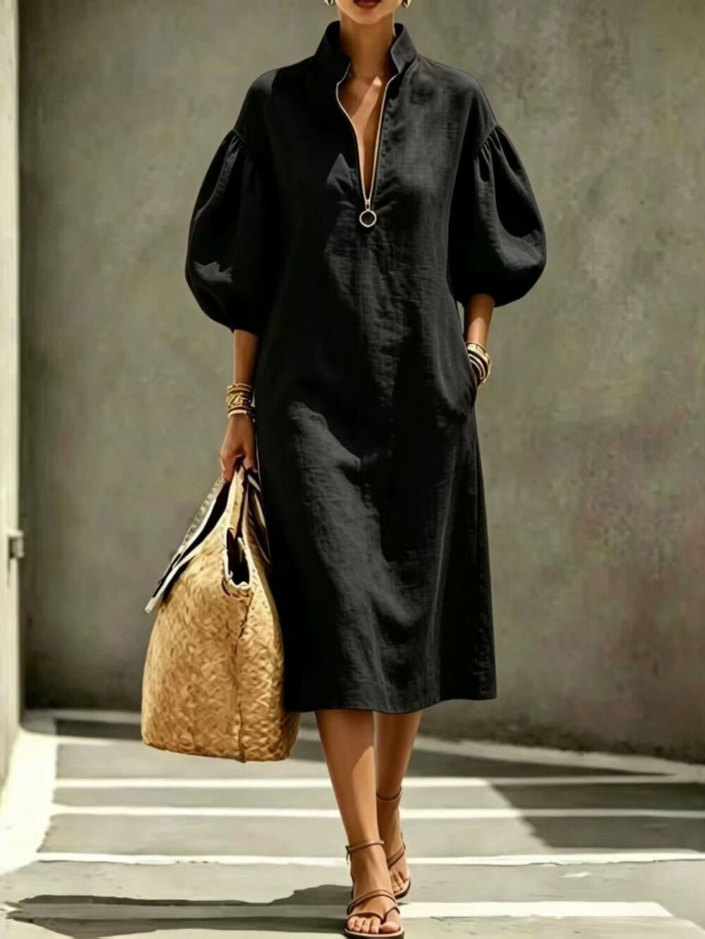 Summer Casual Stand-Collar Puff-Sleeve Dress